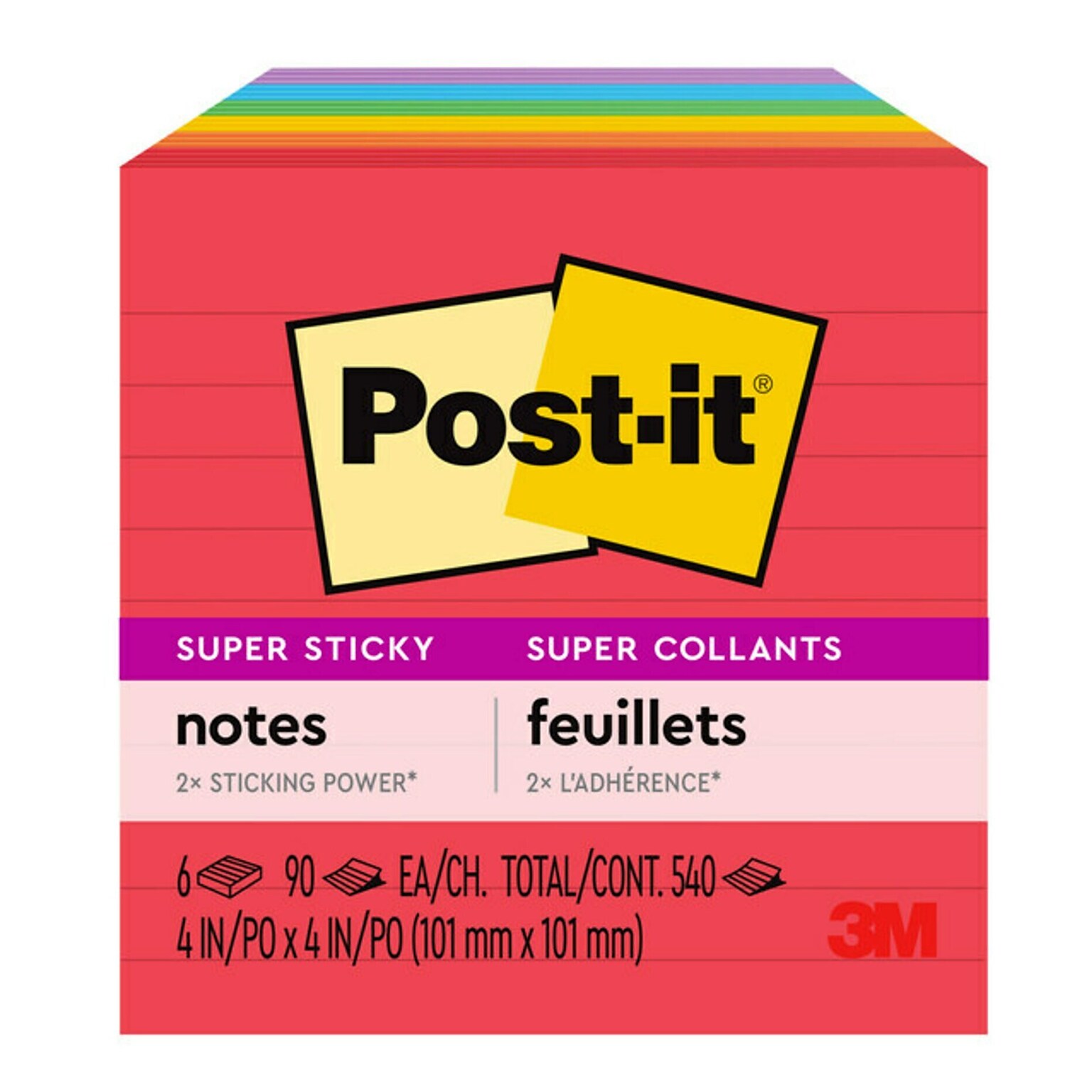 Post-it Super Sticky Notes, 4 x 4, Playful Primaries Collection, Lined, 90 Sheet/Pad, 6 Pads/Pack (6756SSAN)