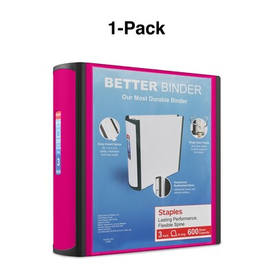 Staples® Better 3" 3 Ring View Binder with D-Rings, Pink (22724)