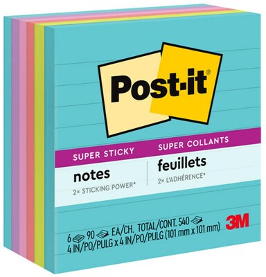Post-it Super Sticky Notes, 4 x 4, Supernova Neons, Lined, 90 Sheets/Pad, 6 Pads/Pack (675-6SSMIA)