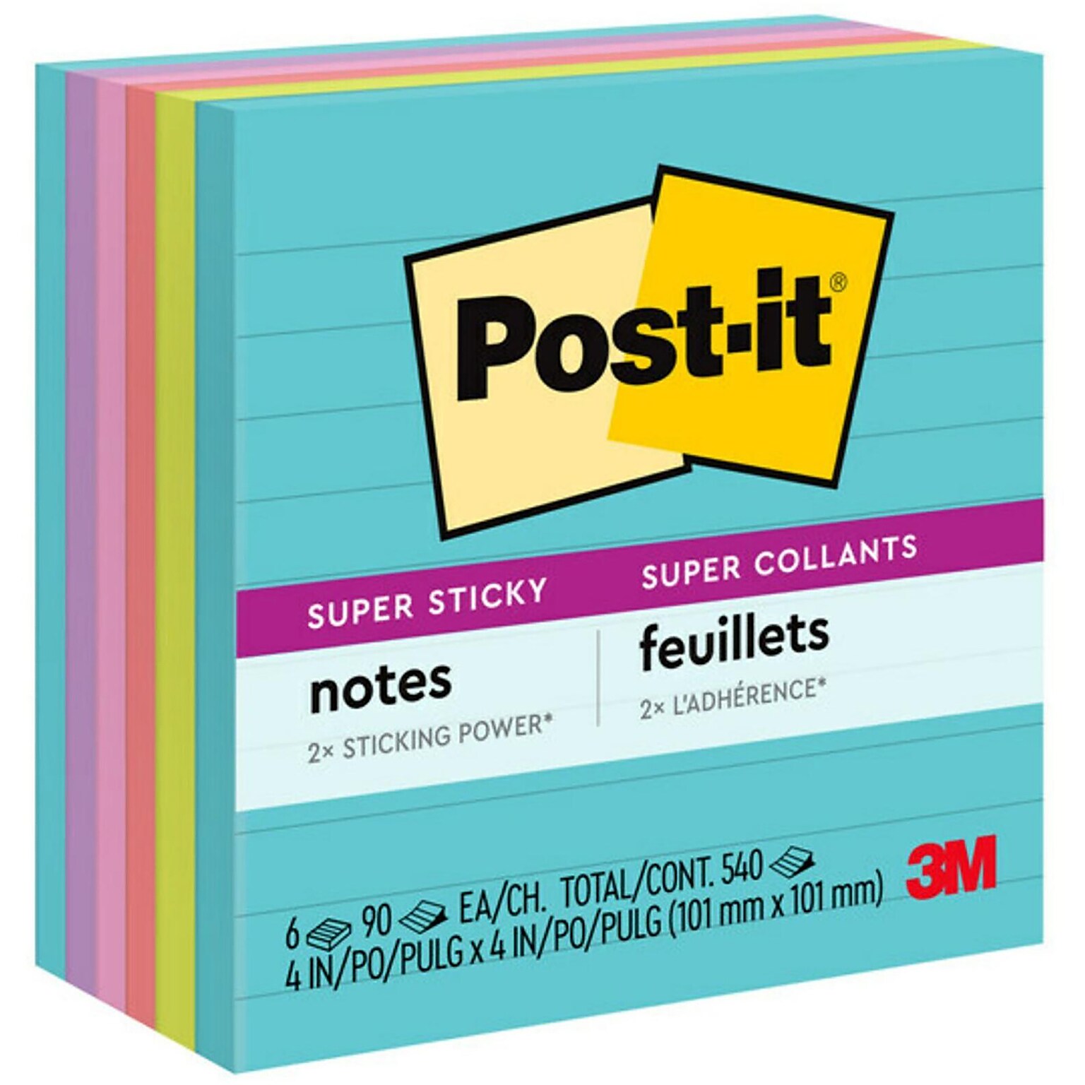 Post-it Super Sticky Notes, 4 x 4, Supernova Neons, Lined, 90 Sheets/Pad, 6 Pads/Pack (675-6SSMIA)