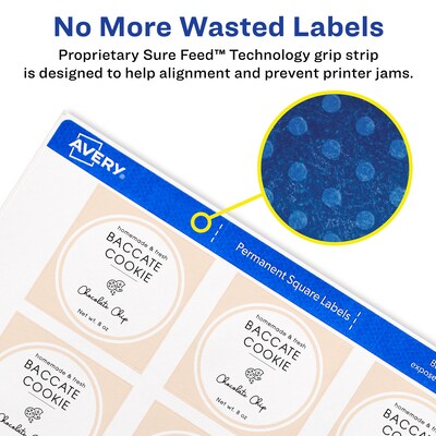 Avery Print-to-the-Edge Laser/Inkjet Square Labels, 2" x 2", White, 12 Labels/Sheet, 25 Sheets/Pack, 300 Labels/Pack (22806)