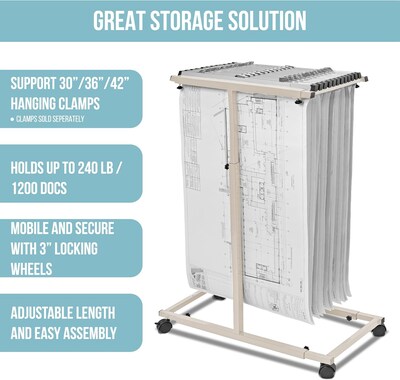 AdirOffice Steel Mobile Blueprint Storage File Storage Cart with (12) 30 Hanging Clamps, Beige (614-6036)