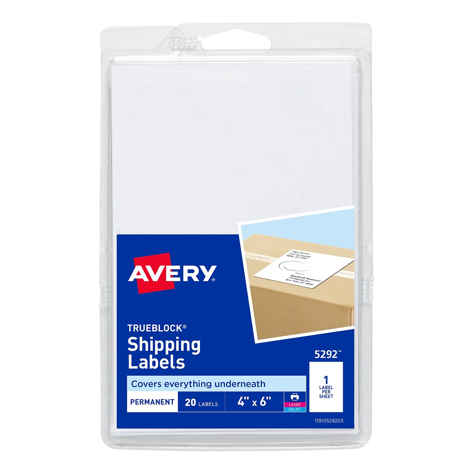 Avery TrueBlock Laser/Inkjet Shipping Labels, 4 x 6,  White, 1 Label/Sheet, 20 Sheets/Pack (5292)