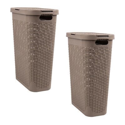 Mind Reader 10.57-Gallon Laundry Hamper with Lid, Plastic, Tan, 2/Set (40HAMP2PK-BRNM)