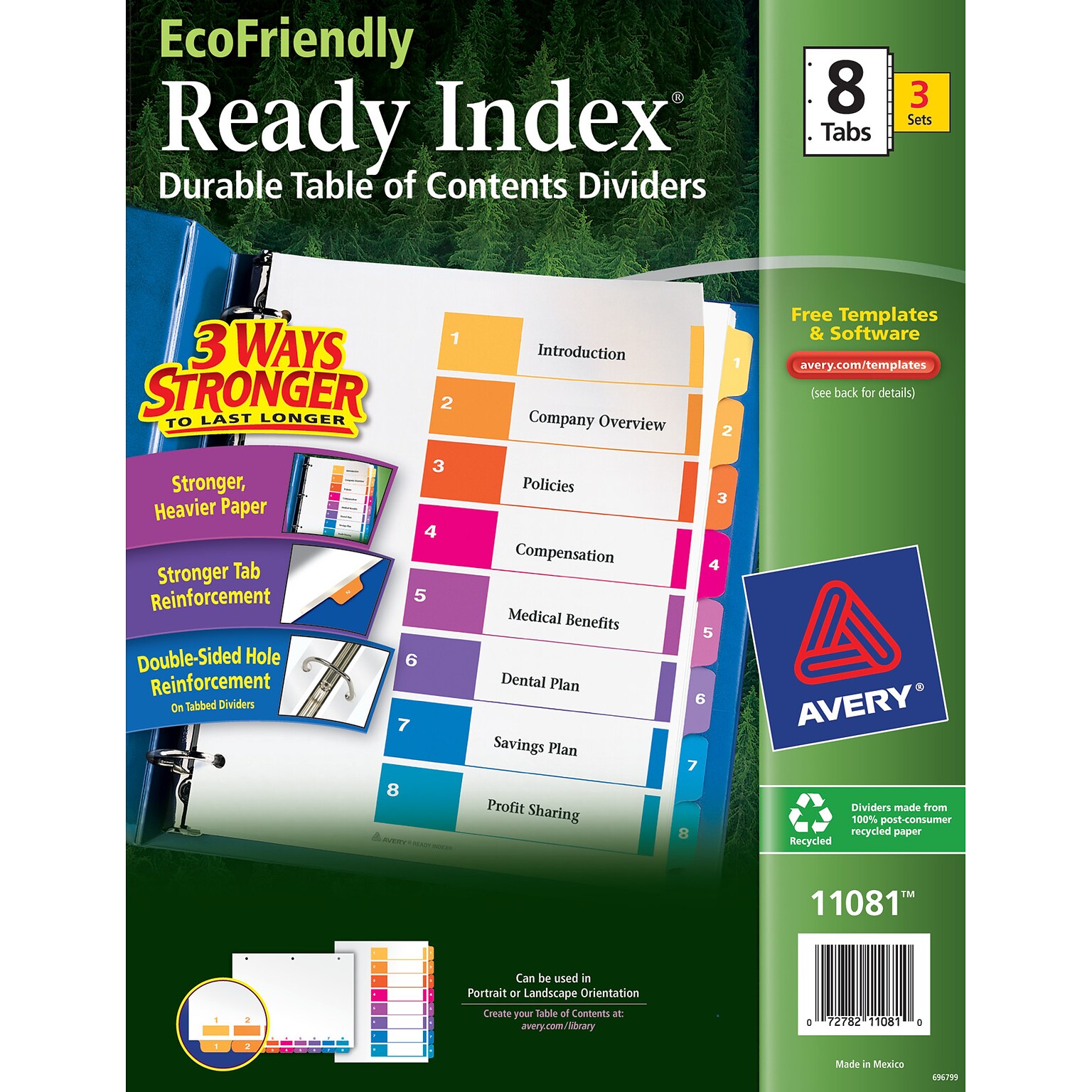 Avery Ready Index Table of Contents EcoFriendly Paper Dividers, 1-8 Tabs, Multicolor, 3 Sets/Pack (11081)