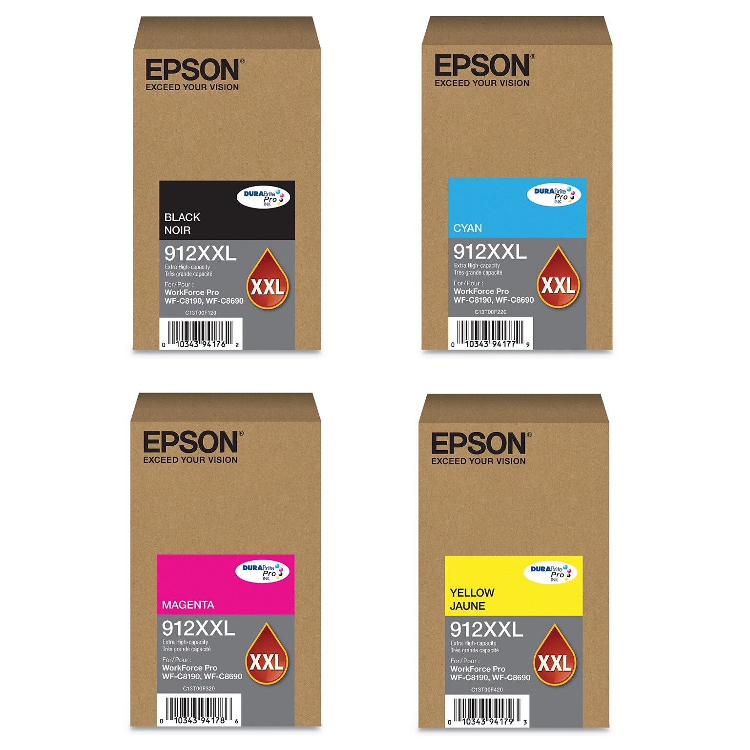 Epson T912XXL Black/Cyan/Magenta/Yellow Extra High Yield Ink Cartridges, 4/Pack