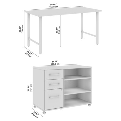 Bush Business Furniture Hustle 60"W Computer Desk and Storage Cabinet with Drawers and Shelves, White (HUS009WH)