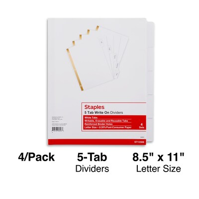 Staples® Write-On™ BIG TAB 5-Tab Set Dividers, White Tabs, 4/Pack (13508)