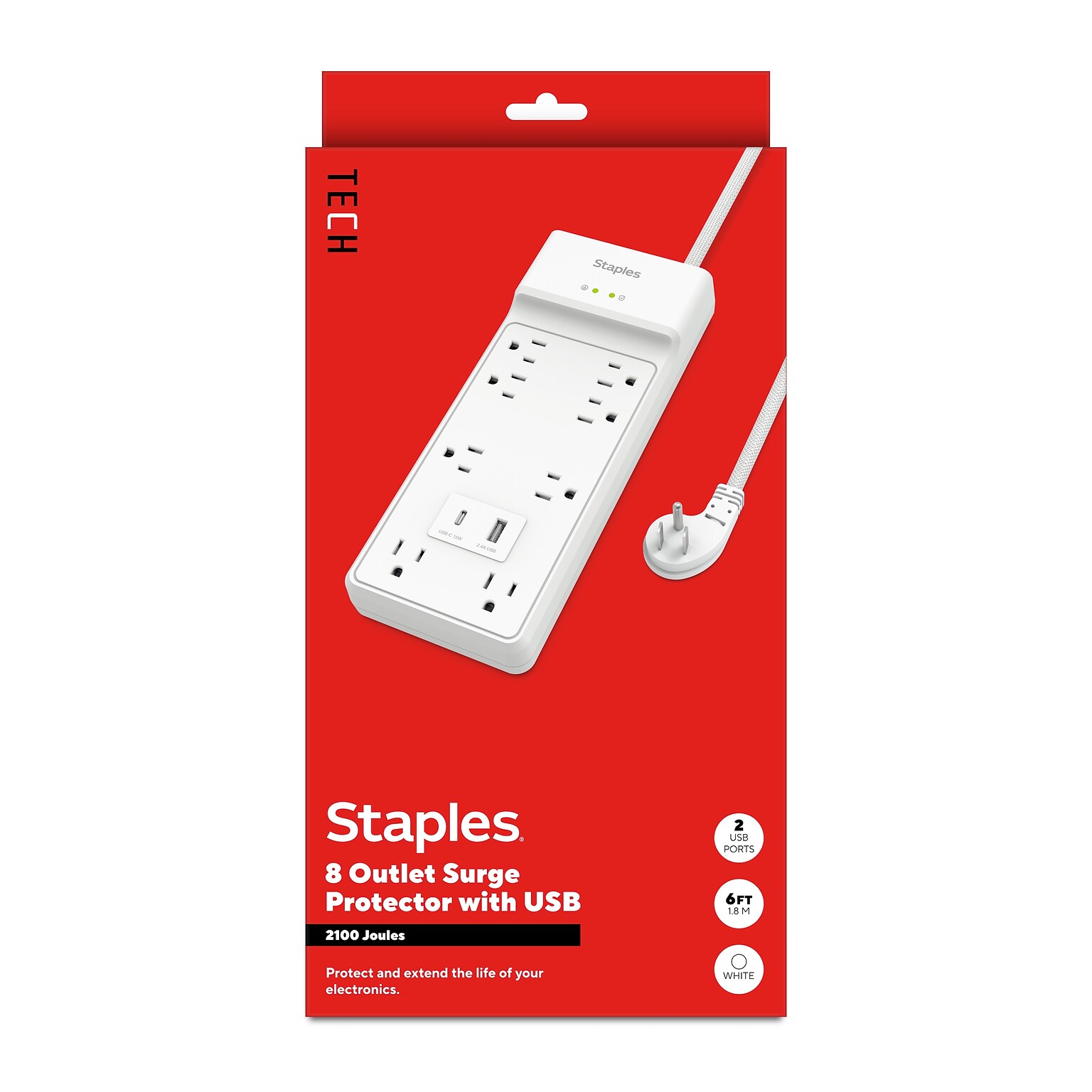 Staples TECH 8-Outlet 2-USB Port Surge Protector, 6, 2100 Joules, White (ST62775)