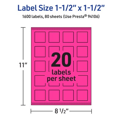 Avery Laser/Inkjet Square Multipurpose Labels, 1.5" x 1.5", Neon Magenta, 1600/Box (94106)