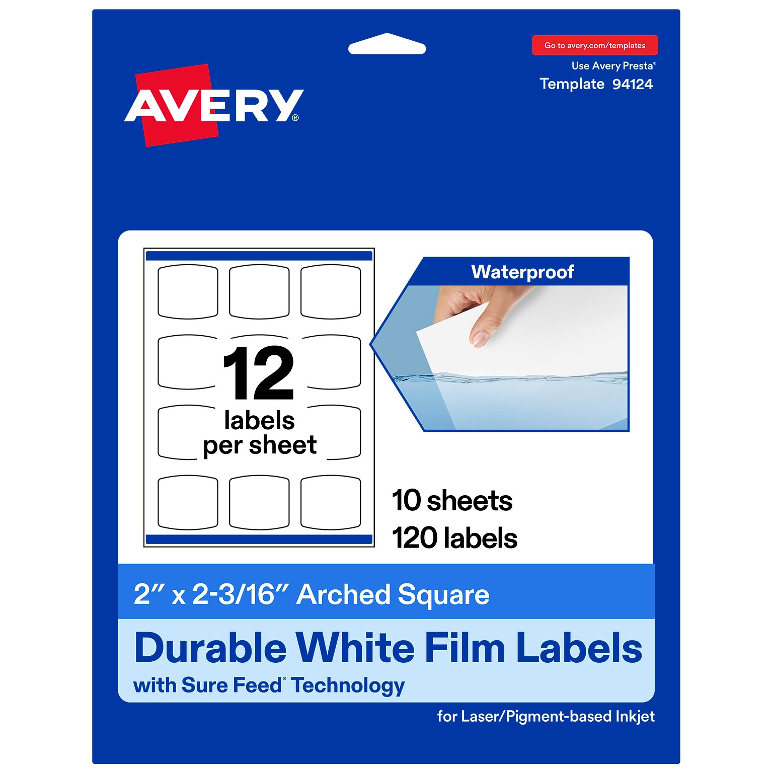 Avery Laser/Inkjet Square Waterproof Multipurpose Labels, 2.1875  x 2, White, 120/Pack (94124)