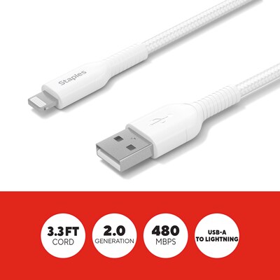 Staples TECH Lightning to USB-A Charging Cable, 3.3 ft., White (ST62329)