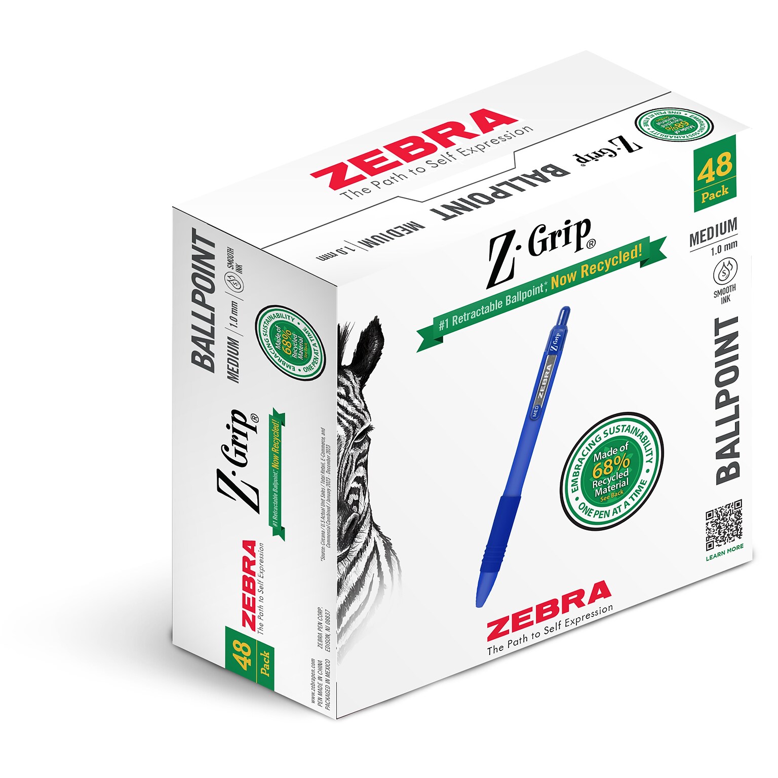 Zebra Z-Grip Retractable Ballpoint Pen, Medium Point, 1.0mm, Blue Ink, 48/Pack (20428)