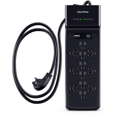 CyberPower 12-Outlet 2-USB Port Surge Protector, 6’, 3000 Joules, Black (CSP1206UC)