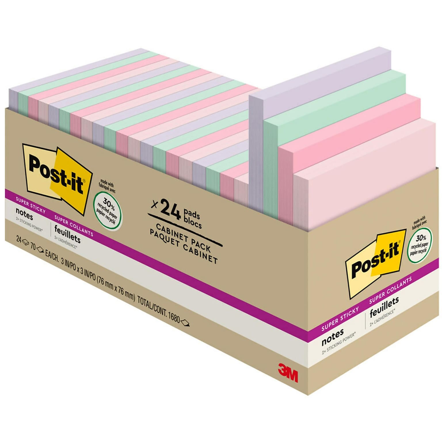 Post-it Recycled Super Sticky Notes, 3 x 3, Wanderlust Pastels Collection, 70 Sheet/Pad, 24 Pads/Pack (65424NHCP)