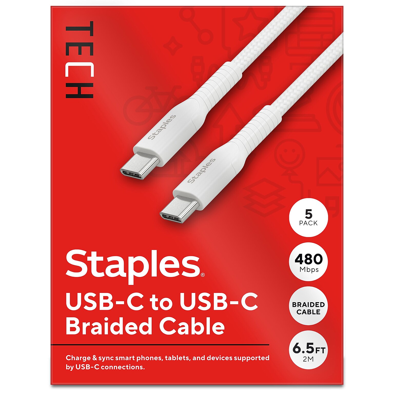 Staples TECH USB-C to USB-C Charging Cable, 6.5 ft., White, 5/Pack (ST62315)