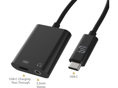 scosche strikeLINE USB-C to 3.5mm/USB-C Audio Adapter, Male to Female/Female, Black (CAAP-SP)