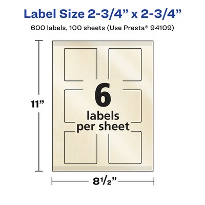 Avery Pearlized Ivory Square Multipurpose Labels, 2.75" x 2.75", Ivory, 600/Box (94109)