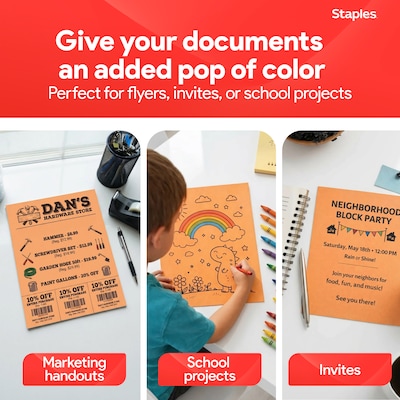 Staples Brights Multipurpose Colored Paper, 20 lbs., 8.5" x 11", Orange, 500/Ream (25208)