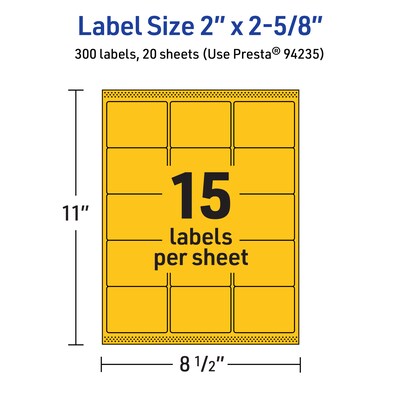 Avery Laser/Inkjet Rectangle Multipurpose Labels, 2" x 2-5/8", Bright Yellow, 300/Pack (94235)