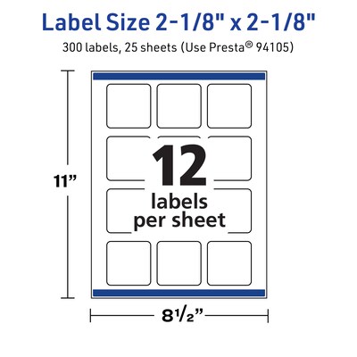 Avery TrueBlock Laser/Inkjet Square Multipurpose Labels, 2-1/8" x 2-1/8", White, 300/Pack (94105)