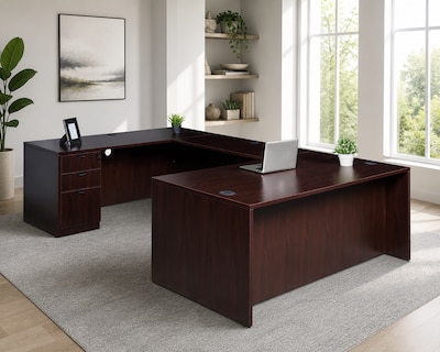 Boss Office Products 71" U-Shaped Desk with File Pedestal, Mahogany (GROUPA3-M)