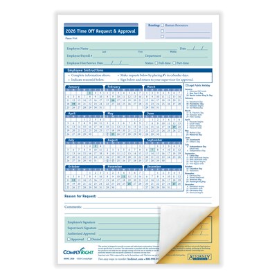 ComplyRight 2026 Time Off Request and Approval Form, 2-Part, 50 Forms/Pack (A0045)