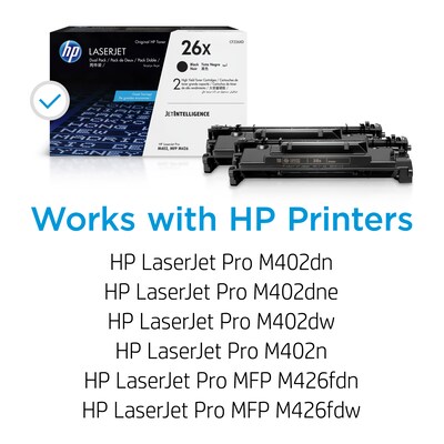 HP 26X Black High Yield Toner Cartridge, 2/Pack (CF226XD), print up to 9000 pages