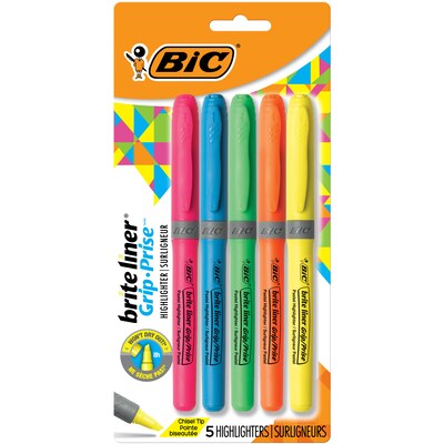 BIC Brite Liner Stick Highlighter with Grip, Chisel Tip, Assorted, 5/Pack (31257)