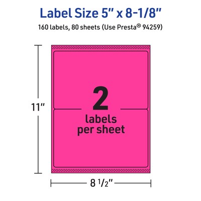 Avery Rectangle Laser/Inkjet Multipurpose Labels, 5" x 8-1/8", Neon Magenta (160/Box)