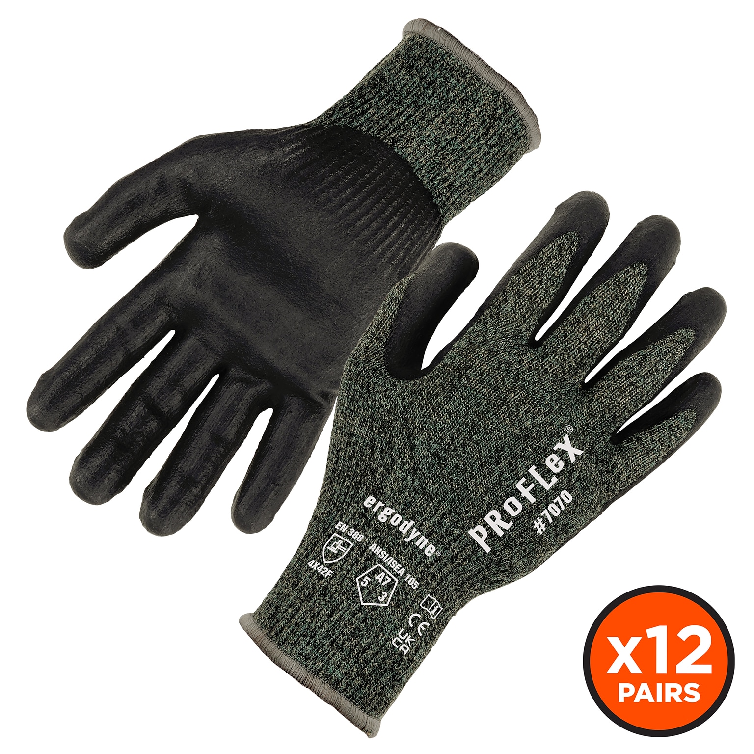 Ergodyne ProFlex 7070 Nitrile Coated Cut-Resistant Gloves, ANSI A7, Heat Resistant, Green, Small, 12 Pair (18032)