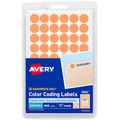 Avery Removable Self-Adhesive Round Paper Color-Coding Label, Orange, 1/2(Dia), 840/Pack (5062)