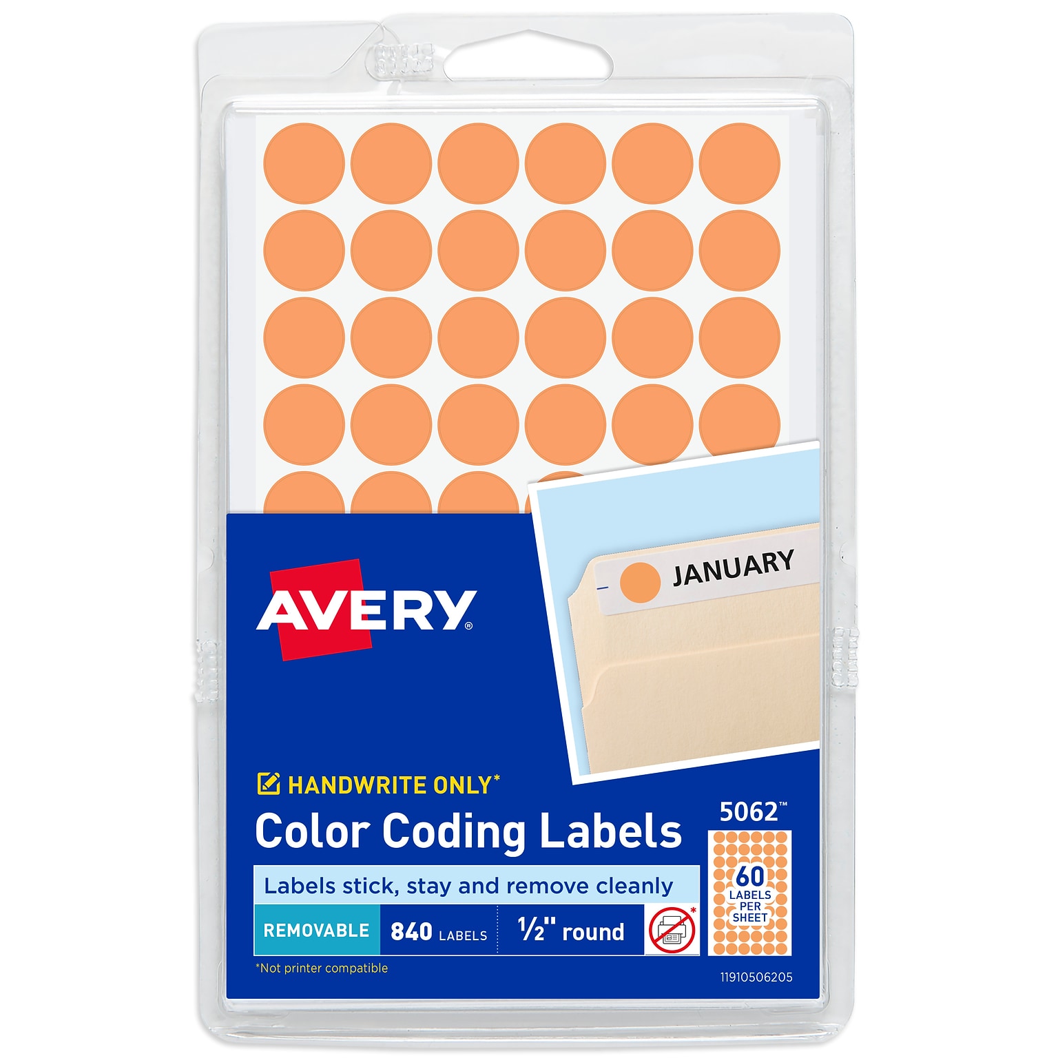 Avery Removable Self-Adhesive Round Paper Color-Coding Label, Orange, 1/2(Dia), 840/Pack (5062)