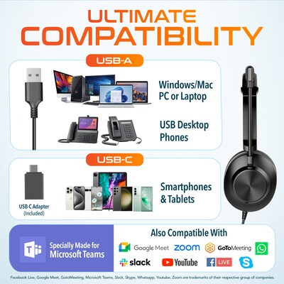 Delton 32Y MS Teams Noise-Canceling On-Ear Computer Headset, USB Type-A & Type C, Black (DWH32Y)