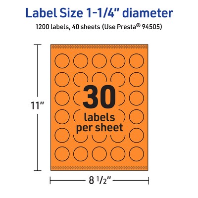 Avery Laser/Inkjet Multipurpose Circle Labels, 1.25" Dia., Bright Orange, 1200/Pack (94505)