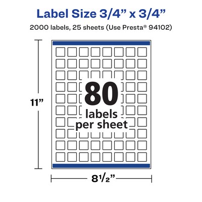 Avery Laser/Inkjet Square Multipurpose Labels, 0.75" x 0.75", White, 2000 Labels/Pack (94102)