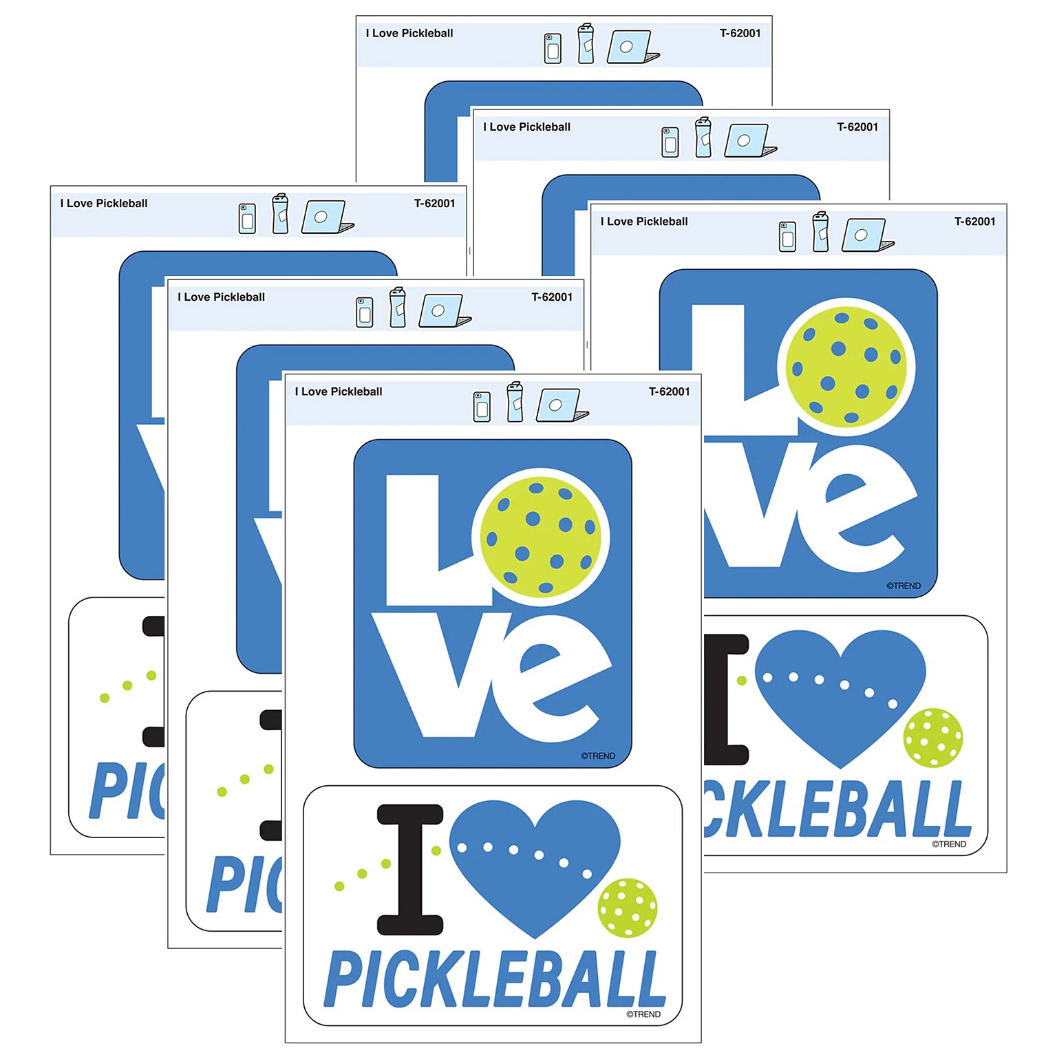 Trend Enterprises I Love Pickleball Vinyl Stickers, Multicolored, 2/Pack, 6/Packs/Bundle (T-62001-6)