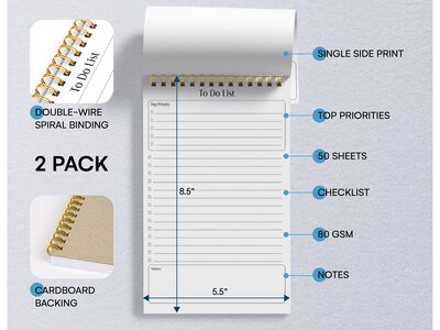 Better Office To-Do List Notepad, 5.5" x 8.5", Ruled, White, 50 Sheets/Pad, 2 Pads/Pack (25824-2PK)