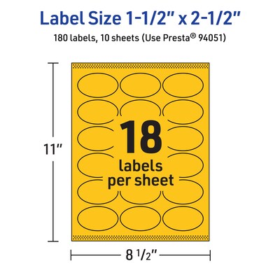 Avery Laser/Inkjet Oval Multipurpose Labels, 1.5" x 2.5", Bright Yellow, 180/Pack (94051)