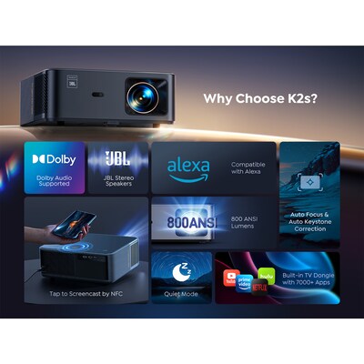 Yaber K2S HDMI/USB/Wireless Portable LCD Home Theater Projector, Black