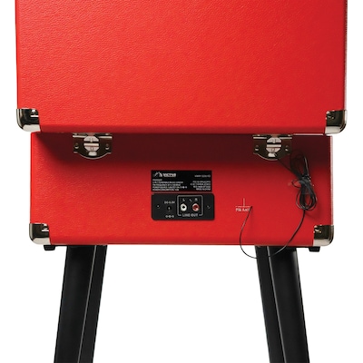 Victor Andover Dual-Bluetooth Belt-Drive 5-in-1 Suitcase-Style Record Player with Legs, Red (VWRP-3200-RD)