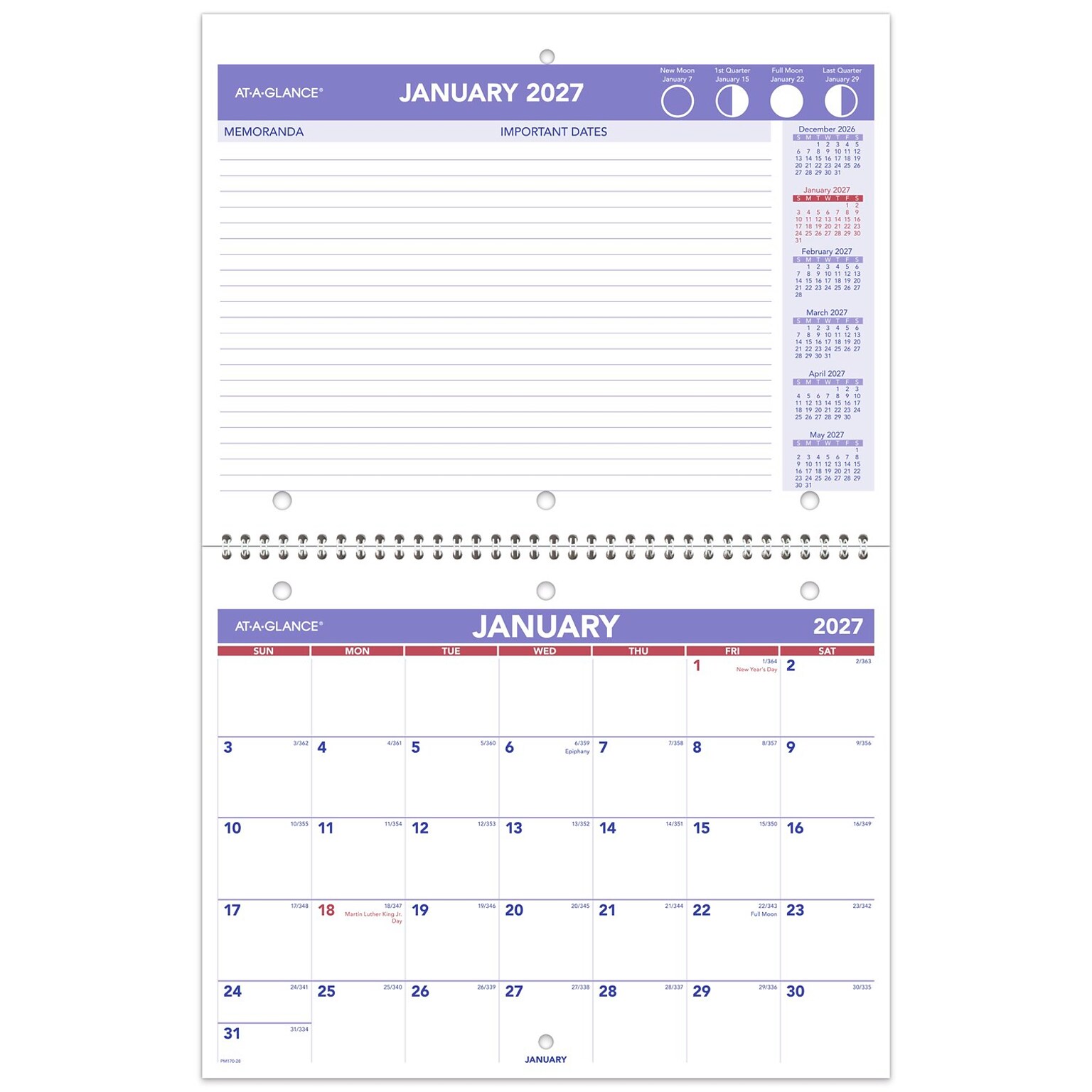 2027 AT-A-GLANCE 11 x 8.5 Monthly Wall Calendar, White/Purple (PM170-28-27)