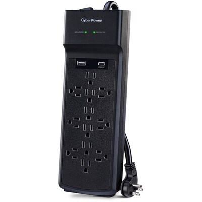 CyberPower 12-Outlet 2-USB Port Surge Protector, 6’, 3000 Joules, Black (CSP1206UC)