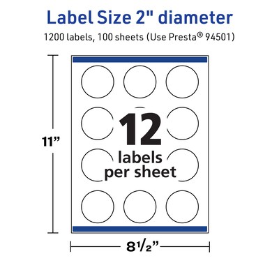 Avery TrueBlock Laser/Inkjet Circle Multipurpose Labels, 2" Dia., White, 1200/Box (94501)