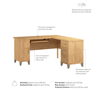 Bush Home Somerset 60" W L Shaped Office Desk with Storage, Maple Cross (WC81430K)