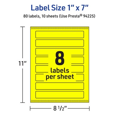Avery Laser/Inkjet Rectangle Multipurpose Labels, 1" x 7", Neon Yellow, 80/Pack (94225)