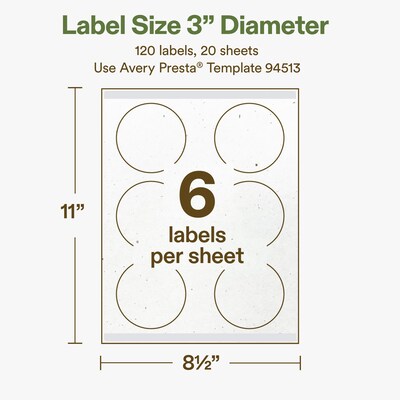 Avery Hemp Round Laser/Inkjet Multipurpose Labels, 3" Dia, Off-White (120/Pack)