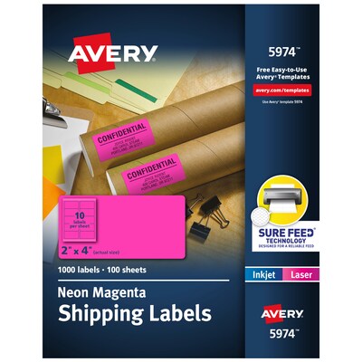 Avery Sure Feed Laser Shipping Labels, 2x 4, Neon Pink, 1000 Labels/Box (5974)