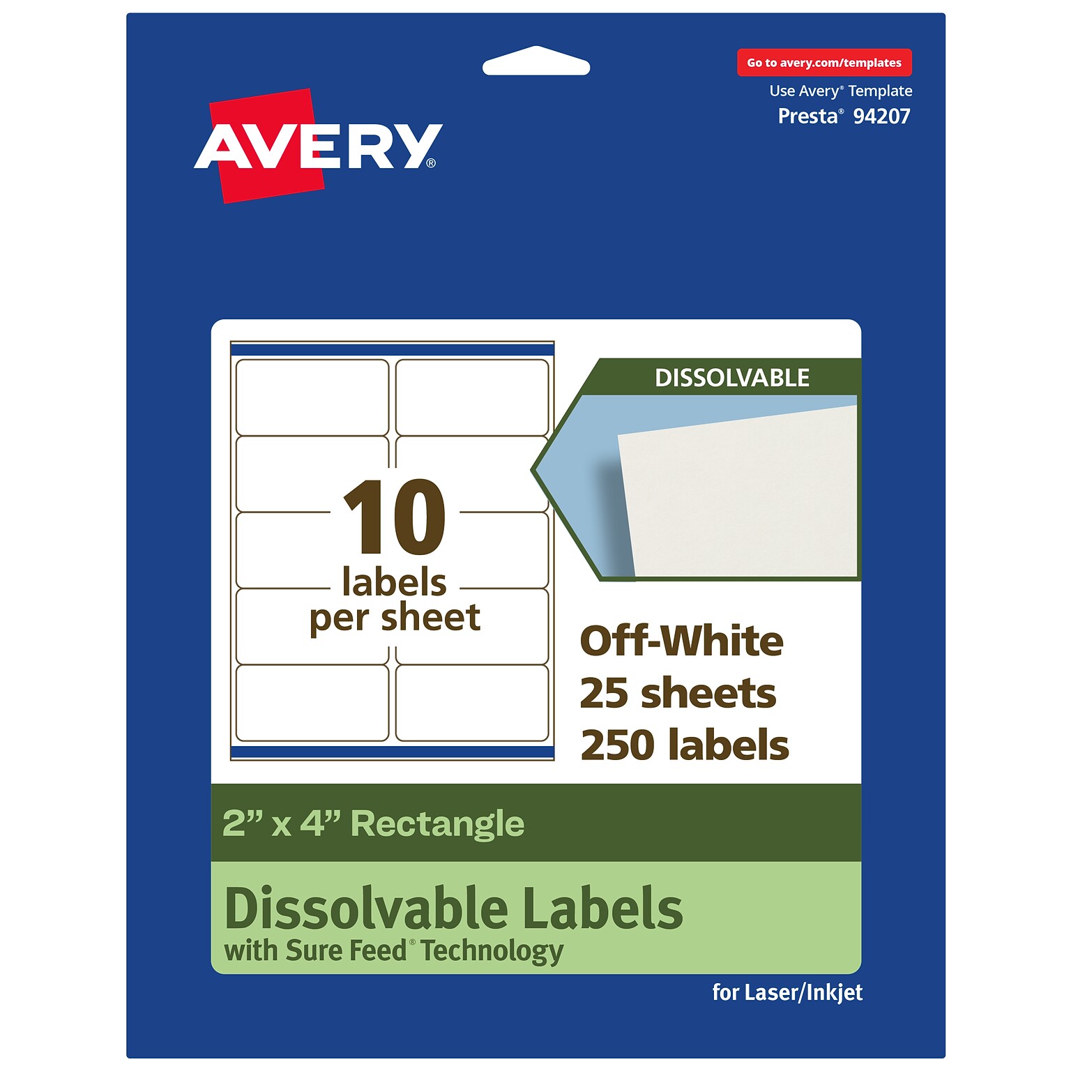Avery Dissolvable Rectangle Multipurpose Labels, 2 x 4, Off-white, 250/Pack (94207)