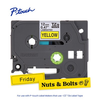 Brother P-touch Laminated Label Tape, ~1/2" x 26.2', Black on Yellow, 2/Pack (TZe6312PK)